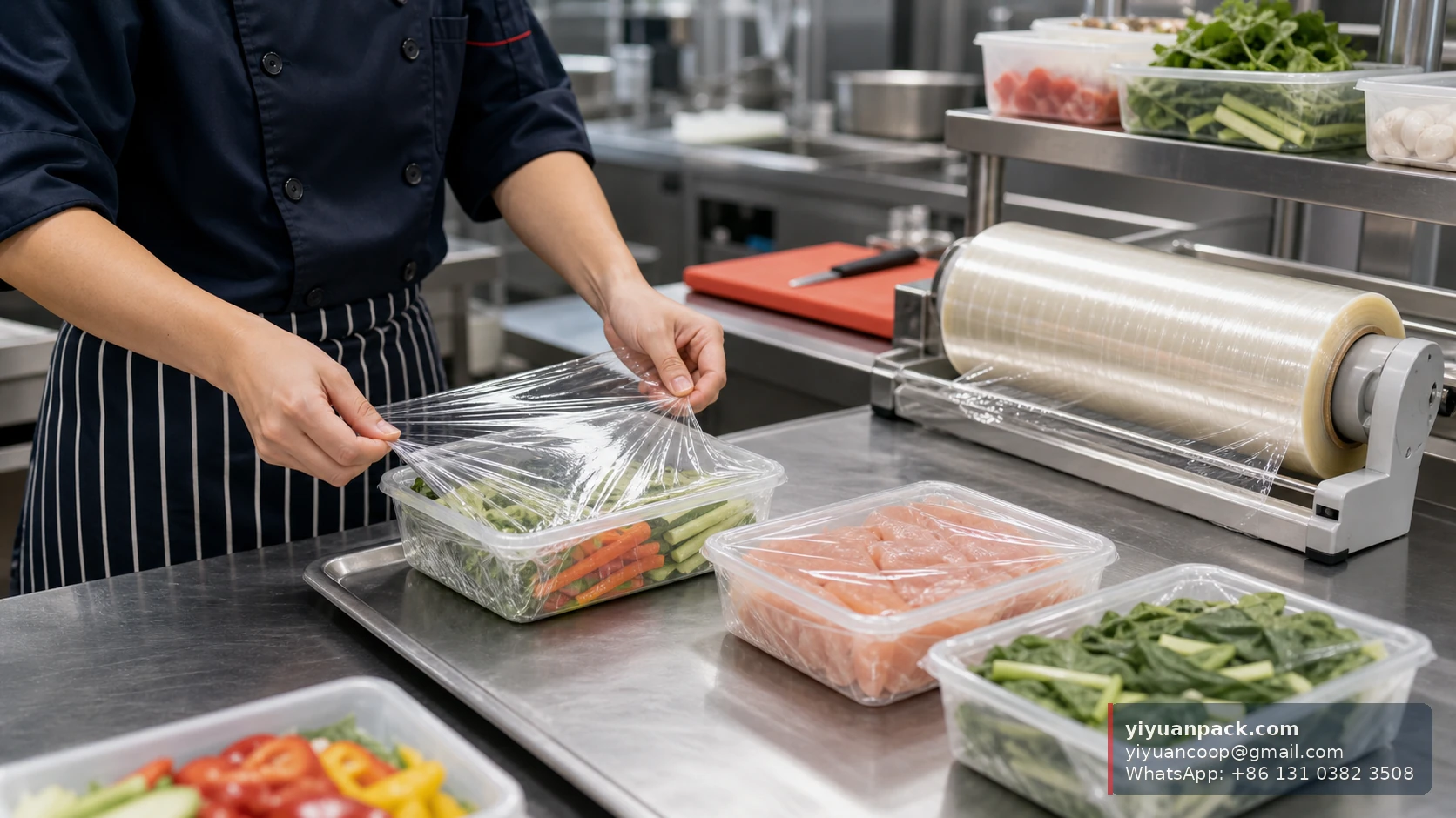 Food service cling film cutter boxes and wrapped kitchen containers prepared for wholesale buyer inspection