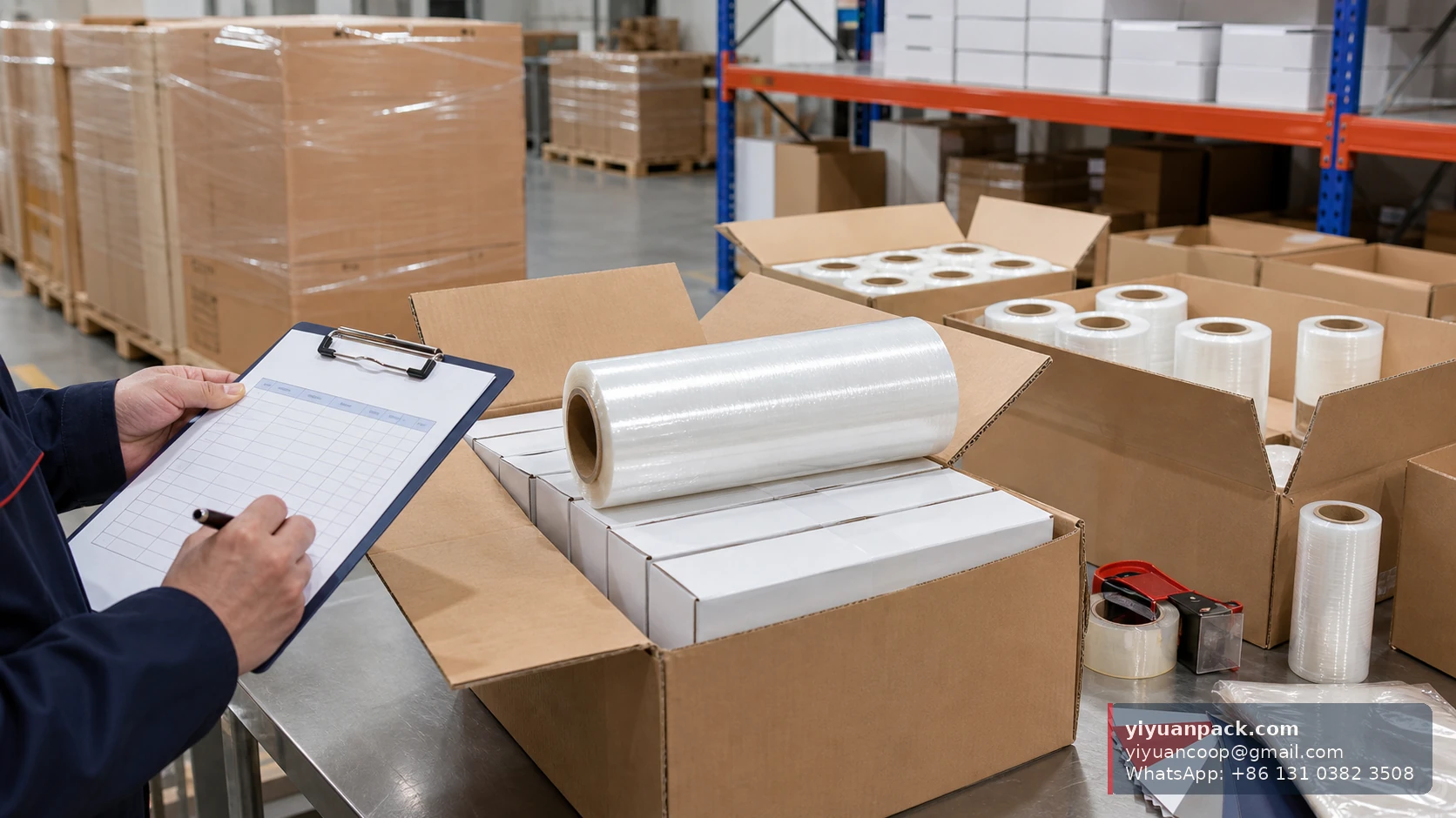 Restaurant supply buyer comparing cling film roll width cutter box strength and carton packing