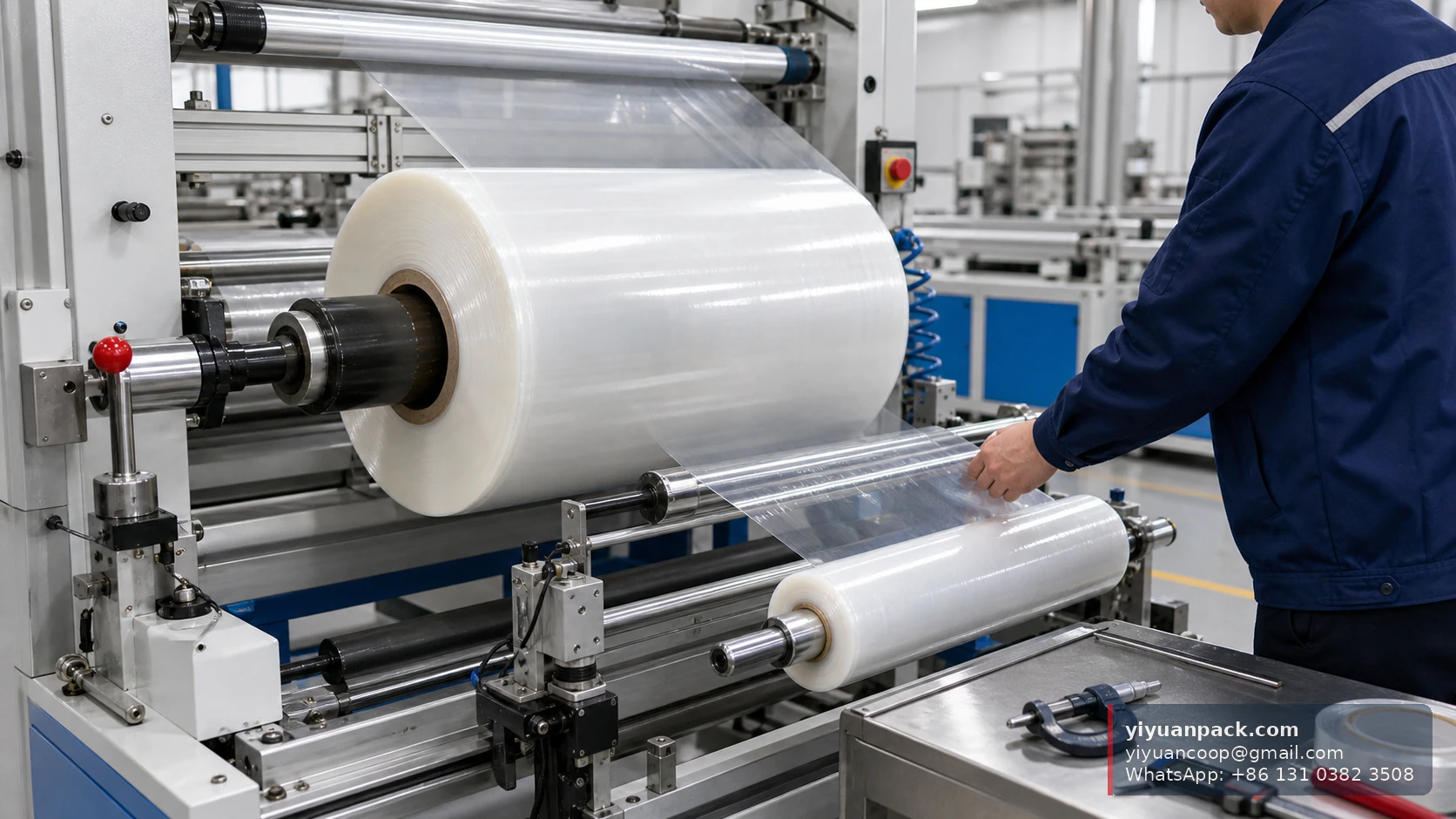 PE cling film jumbo rolls on a factory inspection table with core size and roll weight checks