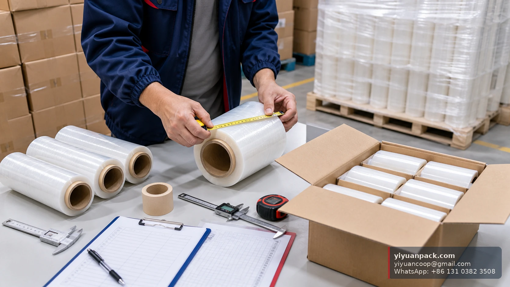Warehouse pallet plan for PE cling film jumbo rolls with carton labels and container loading checks