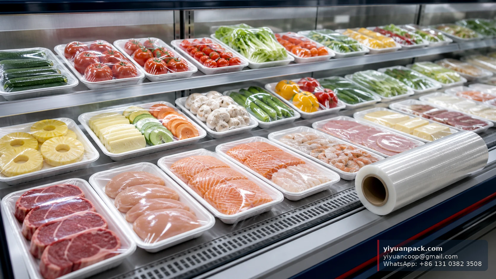 Supermarket buyer checking PVC fresh wrap clarity on produce deli and meat trays under display lighting